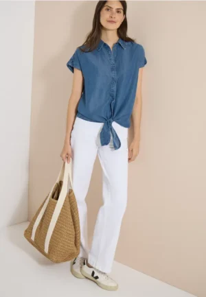 Overhemdblouse met afhangende schouders in denimlook