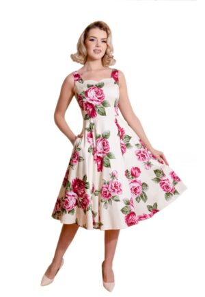 Hearts & Roses Frances Floral Swing Dress Cream Pink-XL