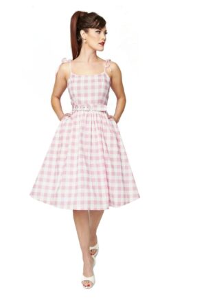 Unique Vintage Spaghetti Tie Swing Dress Gingham Pink-XL