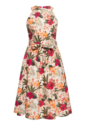 Queen Kerosin Hawaii Hibiscus Turtleneck Swing Dress Off White-S