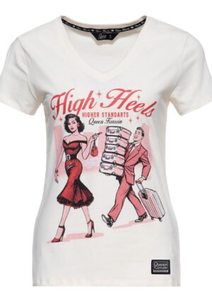 Queen Kerosin High Heels V-neck T-shirt Off White-XS