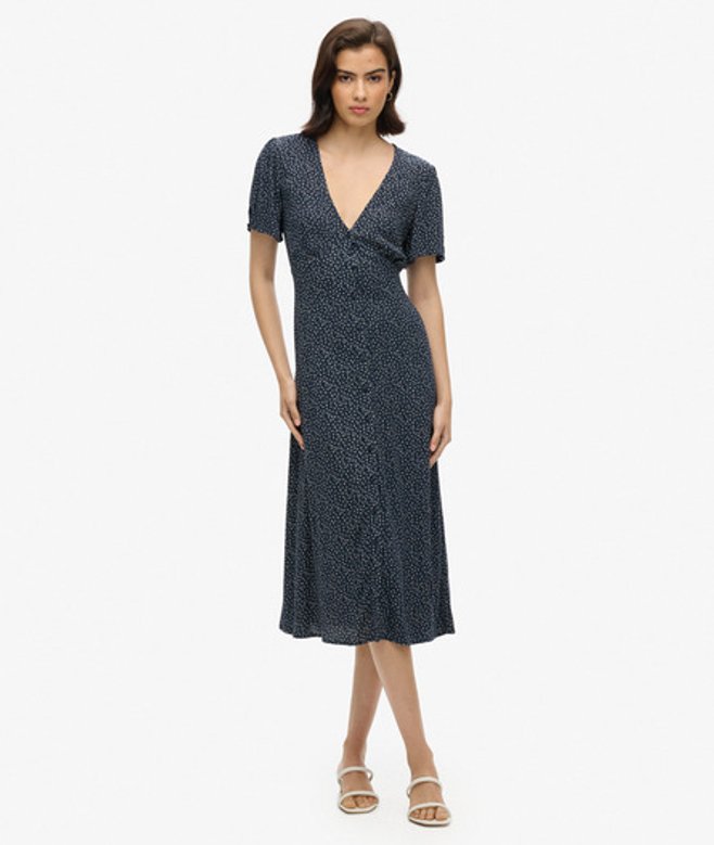 Bedrukte Midi-teadress met Knopen en Korte Mouwen Blauw Grootte: 36