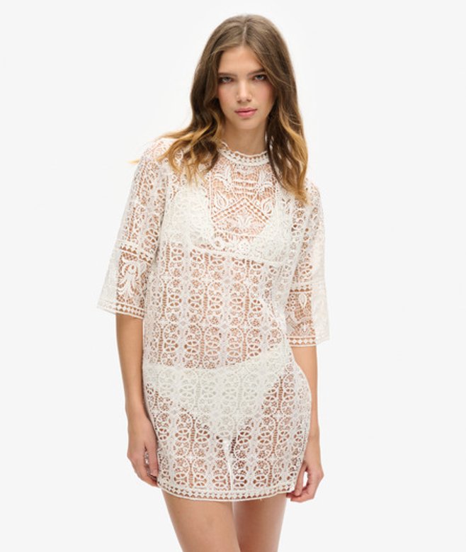 Beach Cover Up Mini-jurk met Kanten Details Crème Grootte: 10-12