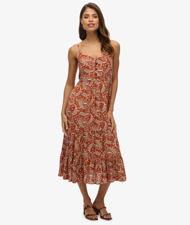 Gelaagde Midi-jurk met Halve Knoopsluiting Brown Grootte: 36