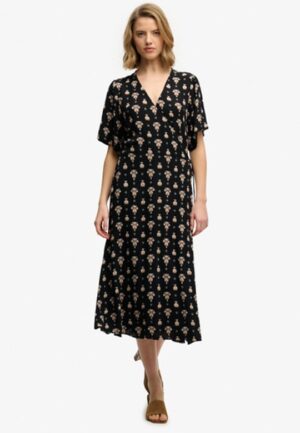 Bedrukte Midi Wikkel Jurk Black Grootte: 38