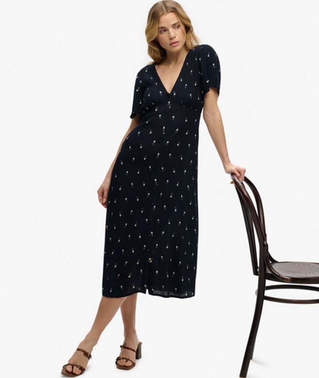 Bedrukte Midi-jurk met Knopen en Korte Mouwen Blauw Grootte: 42