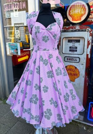 Vivien Of Holloway Halterneck Pink Gingham Black Flowers Dress -S | 30% korting