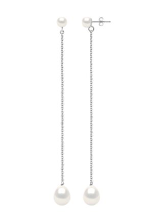 Twee Oorbellen Wit Goud - Echte Cultiveerde Zoetwaterperlen Knop 5-6 mm + Parel 8-9 mm