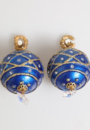 Gouden Messing Blauwe Kerstbal Kristallen Dangle Clip-On Oorringen