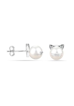 Dames Kat Pearl Oorbellen in 925 Sterling Zilver en Natuurlijke Parel BIPE046