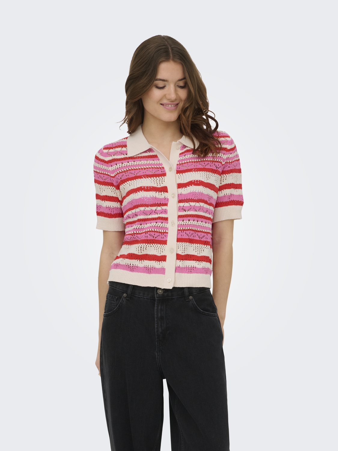 Only Onllula Polo S/s Cardigan Knt Noos 15355455 Vest 4842217 High Risk Red Pink - Cd