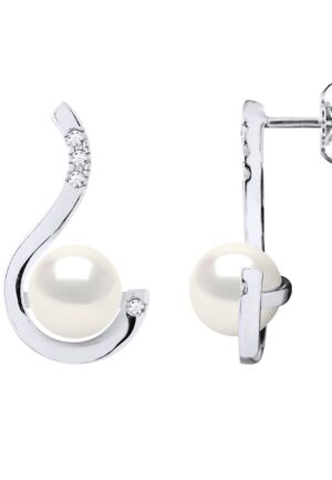 Oorbellen Prestige - Diamanten 0,08 ct - Kwaliteit HSI - Witgoud - Echte Gecultiveerde Zoetwaterparels Rond 7-8 mm