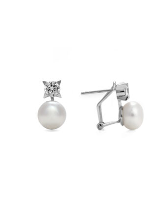 Luxenter oorbellen, met omega essential 925 sterling zilveren sluiting en witte parel met gerhodineerde afwerking