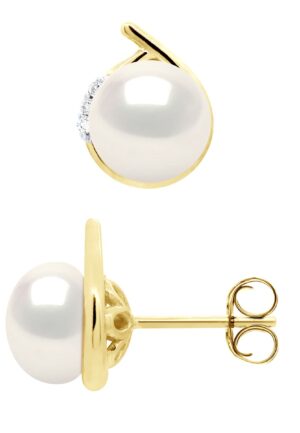 Oorbellen Omgeving Diamanten 0,03 Ct Geel Goud - Echte GeCultiveerde Zoetwaterparels Knop 7-8 mm