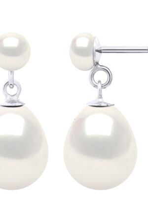 Dubbele Oorbellen Wit Goud - Echte Gekweekte Zoetwaterparels Knop 5-6 mm + Peer 10-11 mm