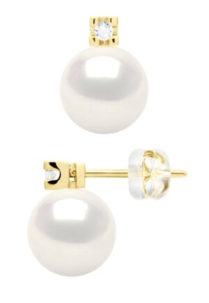 Oorbellen Prestige - Diamanten 0,04 Ct - Kwaliteit HSI - Geel Goud 375 en Echte Gekweekte Zoetwaterparels Rond 8-9 mm