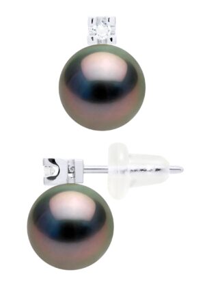 Oorbellen Prestige - Diamanten 0,04 ct - in Wit Goud 750 en Echte Gecontroleerde Tahiti Parel Ronde 8-9 mm