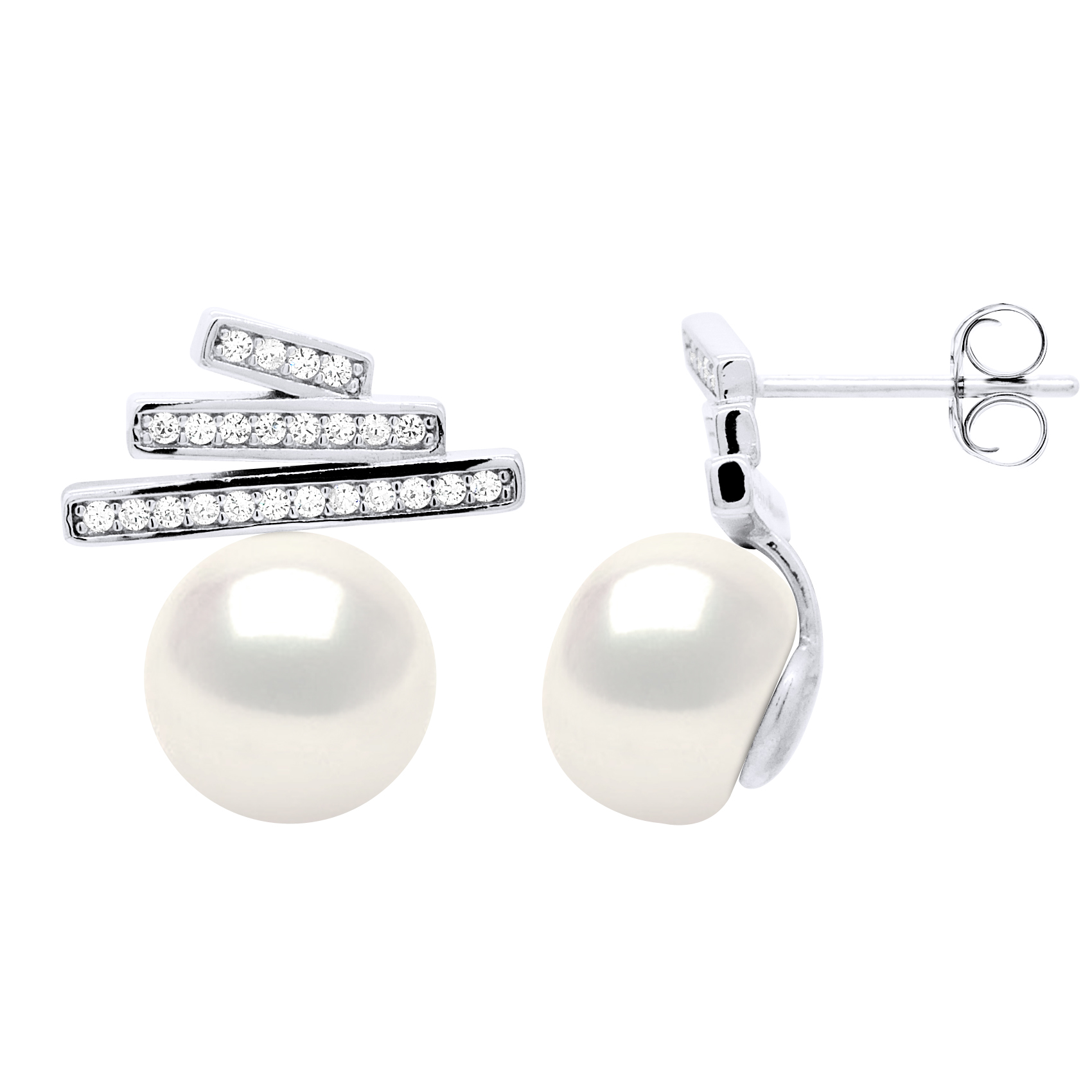 Oorbellen Strips met Cubic Zirconia - Echte Gecultiveerde Zoetwaterparel Knop 9-10 mm