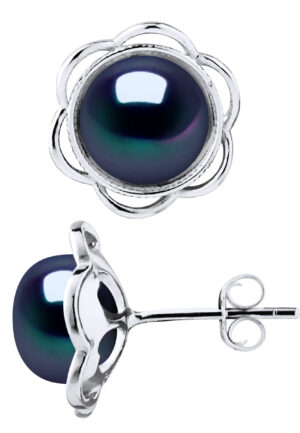 Stud Oorbellen FLOWER Beads Freshwater 89mm Zwarte Knopen 925