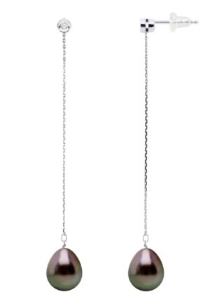 Oorbellen Prestige - Diamanten 0,02 Ct - Wit Goud - Echte GeCultiveerde Tahiti Parels Pear 9-10 mm