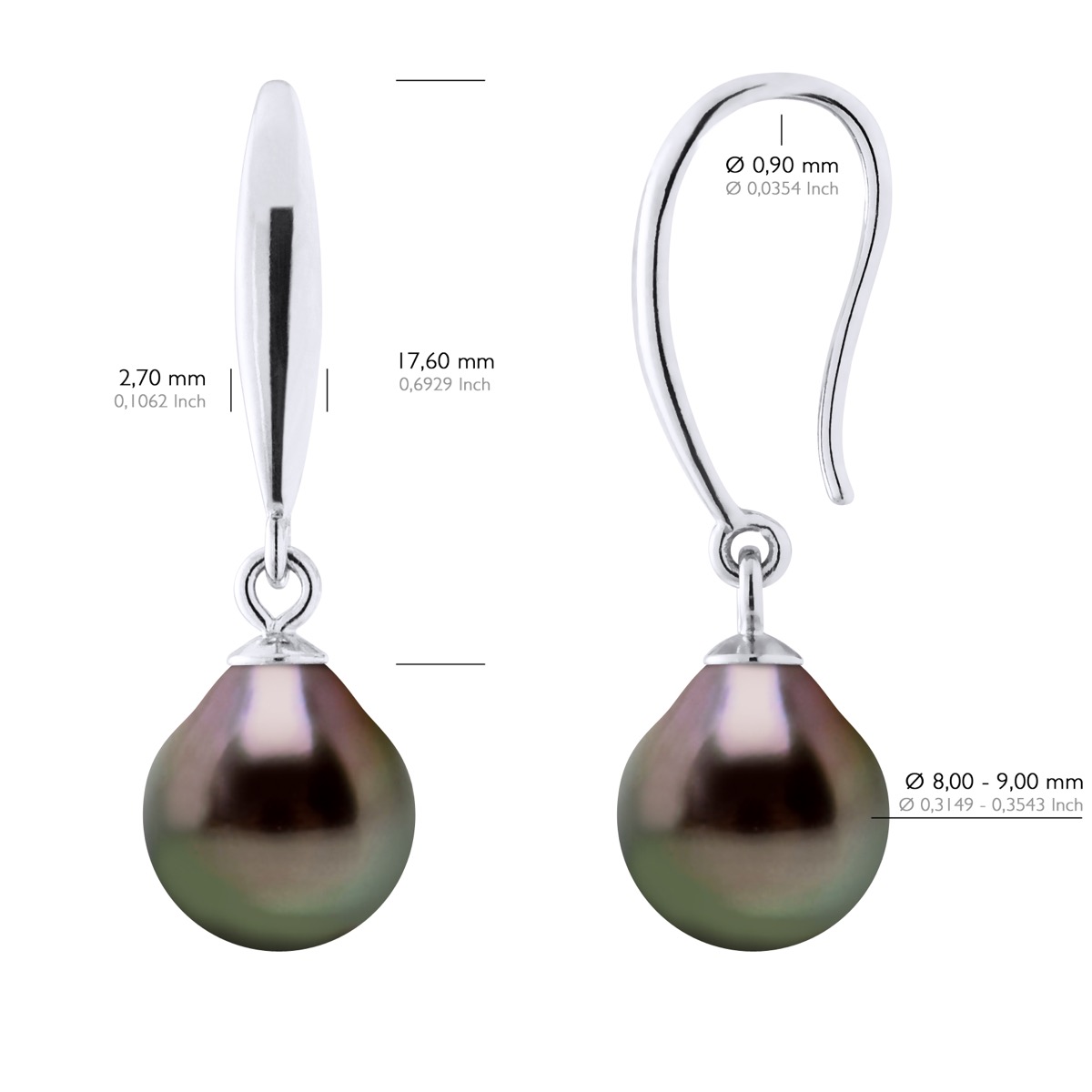 Oorbellen van Zilver 925 en Echte Cultiveerde Tahiti Parel Per 8-9 mm - Afbeelding 2