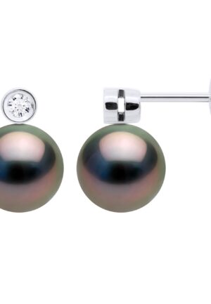 Oorbellen Sieraden Prestige Diamanten 0,06 Ct - GESLOTEN SET 2 x 0,03 Ct - met Echt Gecultiveerde Tahiti Parel Rond 8-9 mm