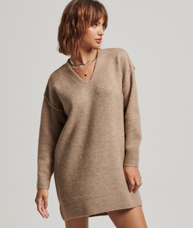 Gebreide Jurk met V-hals Beige Grootte: 44