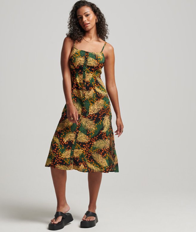 Cami Midi-jurk met Knoopsluiting en Print Multi Grootte: 36