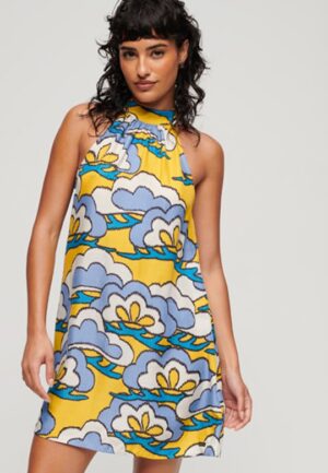 Mouwloze Mini-jurk met Hoge Halslijn Geel Grootte: 36