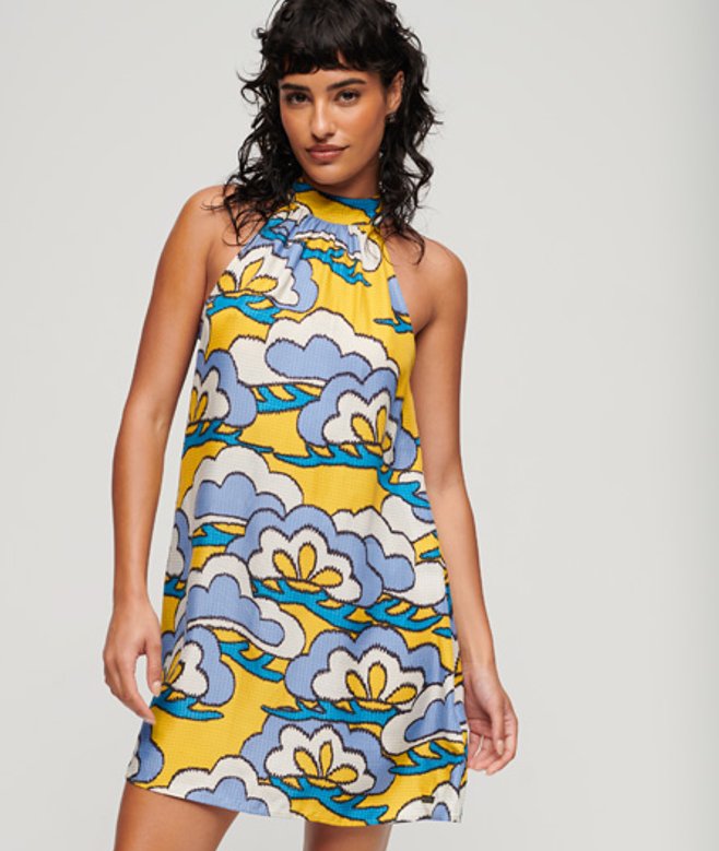 Mouwloze Mini-jurk met Hoge Halslijn Geel Grootte: 36