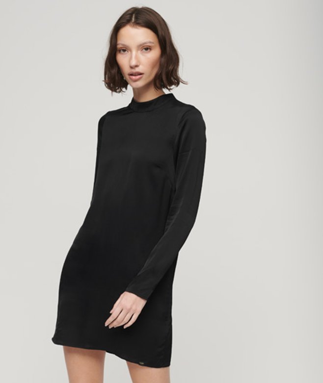 Satijnen Mini-jurk met Hoge Hals Zwart Grootte: 36