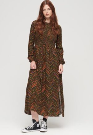 Gesmokte Maxi-jurk met Print Groen Grootte: 34
