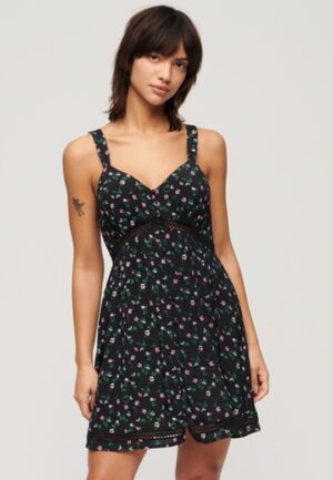 Cami Jurk met V-hals en Kanten Afwerking Zwart Grootte: 44