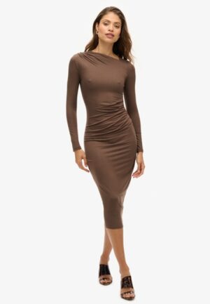 Midi-jurk met Lange Mouwen en Ruches Bruin Grootte: 44