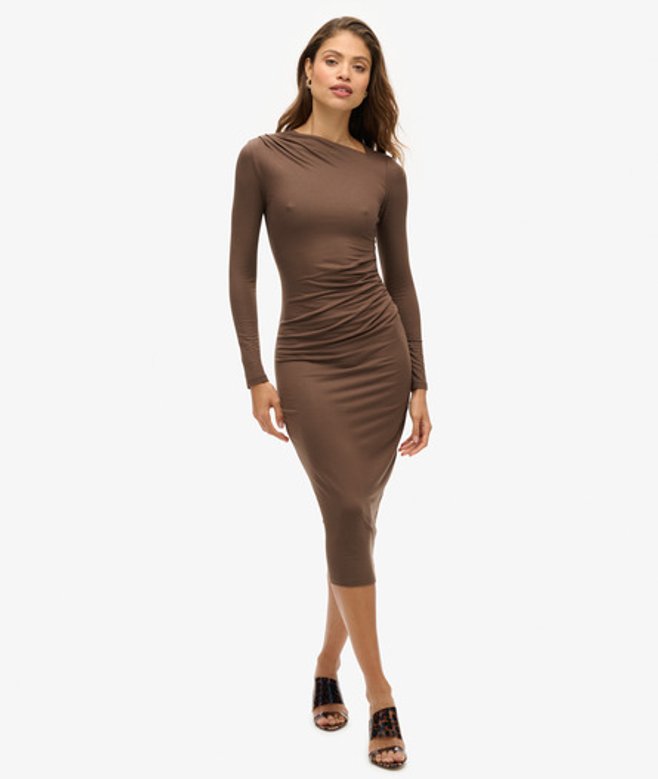Midi-jurk met Lange Mouwen en Ruches Bruin Grootte: 44