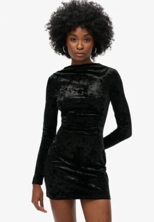 Fluwelen Mini-jurk met Lange Mouwen Zwart Grootte: 36