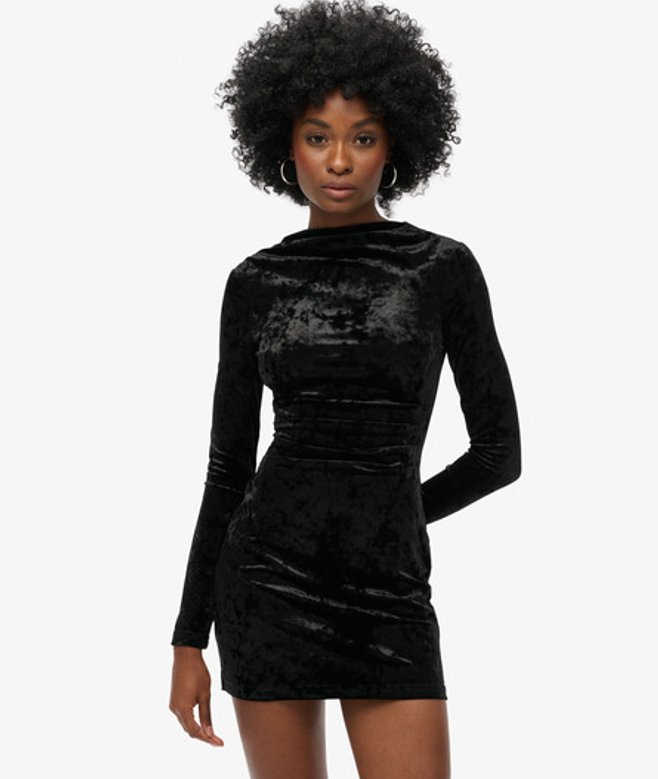 Fluwelen Mini-jurk met Lange Mouwen Zwart Grootte: 36