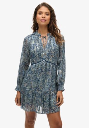 Metallic Mini-jurk met Print en Lange Mouwen Blauw Grootte: 42