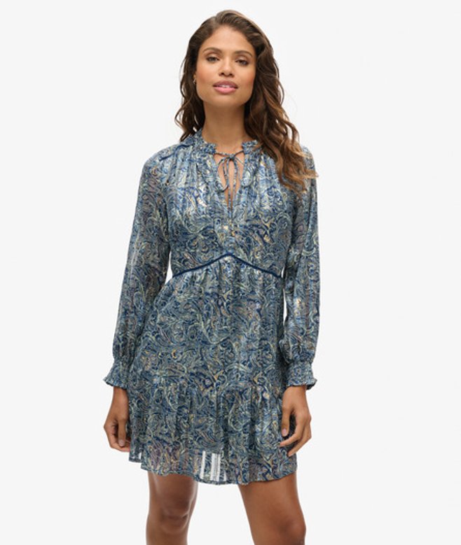 Metallic Mini-jurk met Print en Lange Mouwen Blauw Grootte: 42