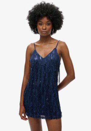 Minicami-jurk met V-hals en Franjes Blauw Grootte: 36