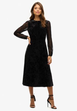 Fluwelen Midi-jurk met Kanten Mouwen Zwart Grootte: 42