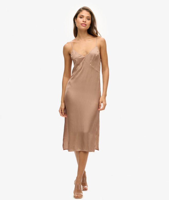 Satijnen Cami Midi-jurk Bruin Grootte: 36