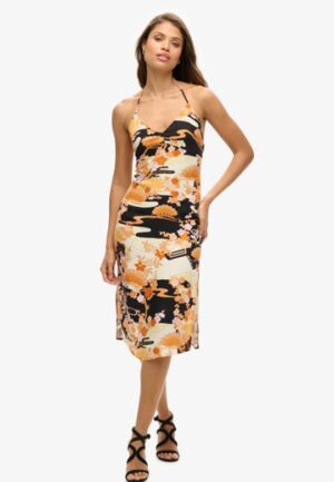 Halflange Slipjurk met Print Goud Grootte: 44