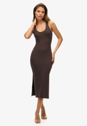 Jersey Midi-jurk met Laag Uitgesneden Ronde Hals Bruin Grootte: 40