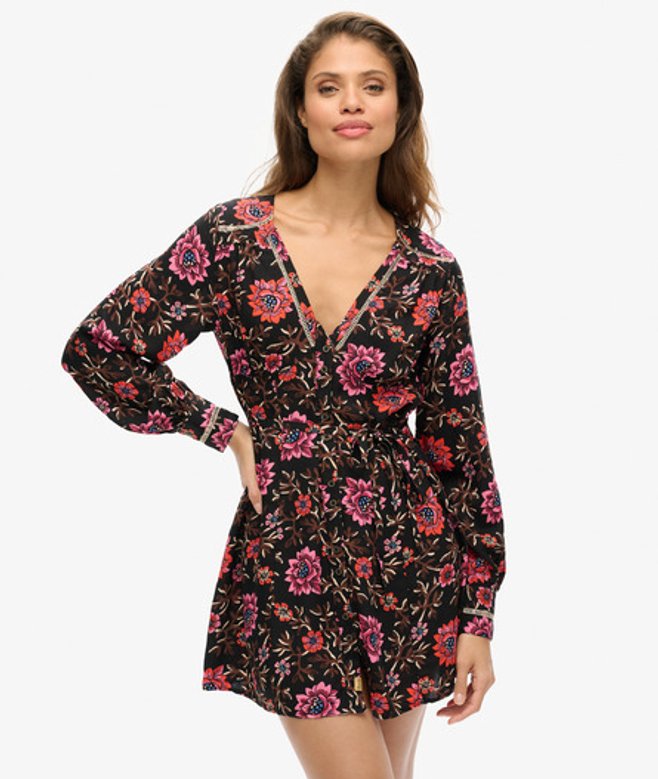 Mini-jurk met V-hals en Print Zwart Grootte: 38