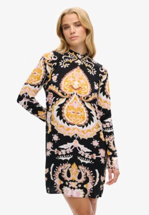 Mini-jurk met Print en Lange Mouwen Zwart Grootte: 36