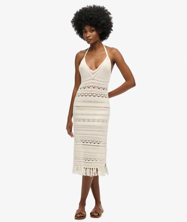 Gehaakte Midi-jurk met Kwastjes White Grootte: 44