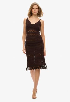 Gehaakte Midi-jurk met Kwastjes Brown Grootte: 40