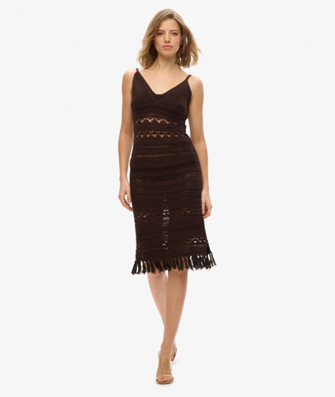 Gehaakte Midi-jurk met Kwastjes Brown Grootte: 40